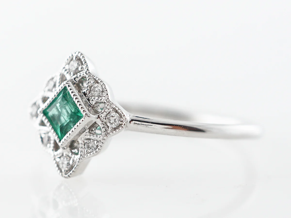 Antique Style Emerald & Diamond Ring in 14k White Gold - Image 2