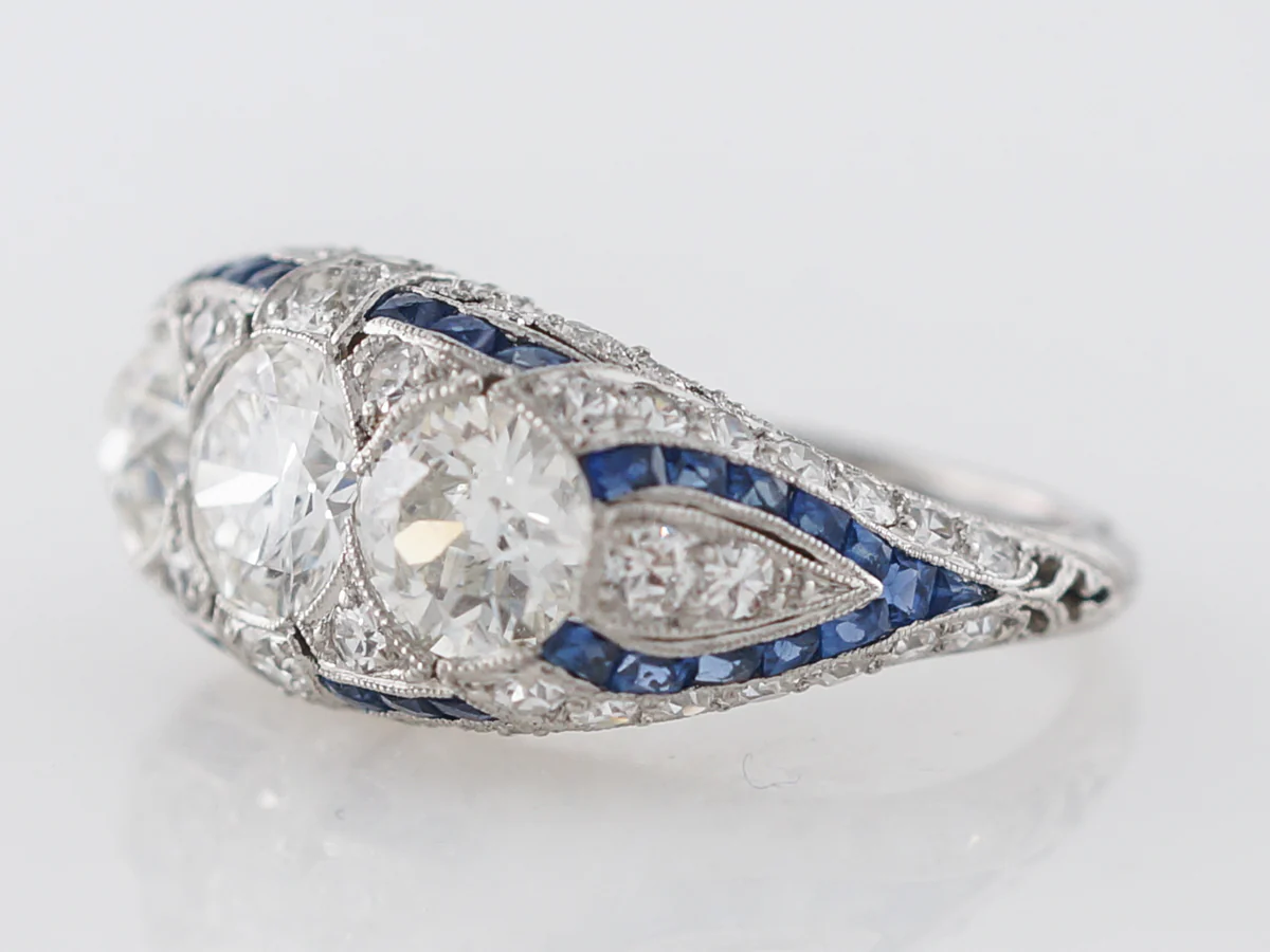 Antique Three Stone Diamond & Sapphire Ring in Platinum - Image 2