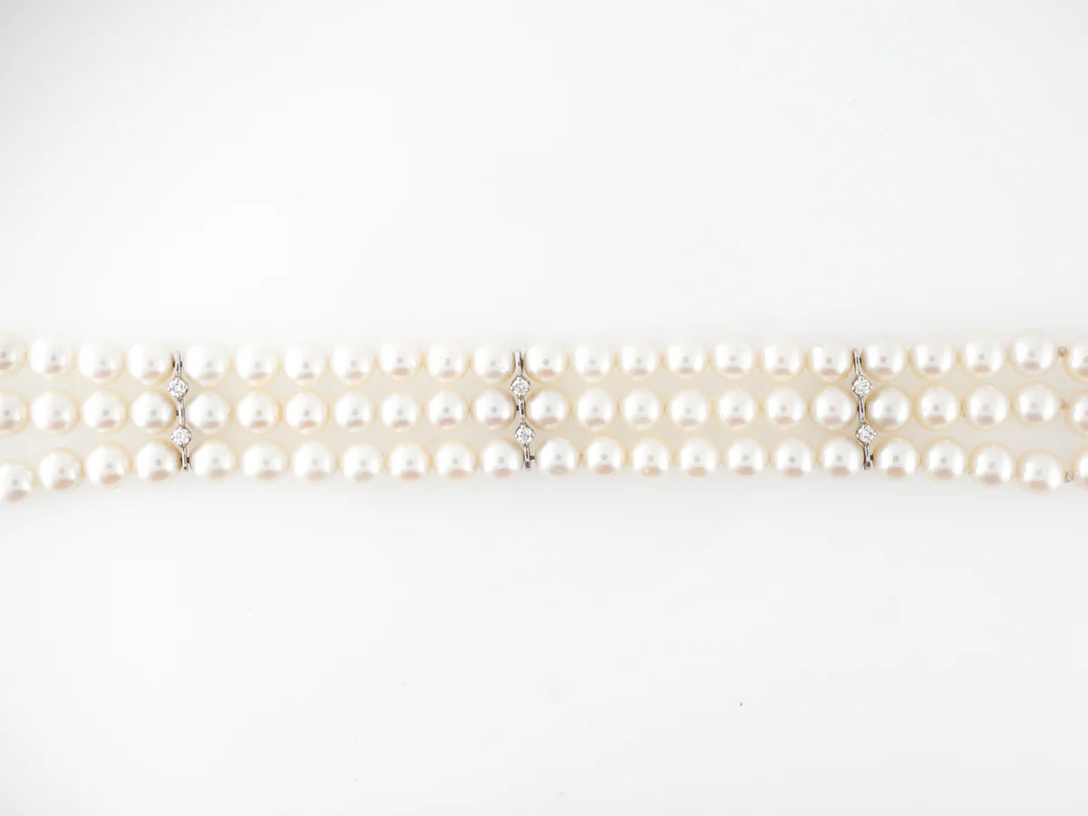Antique Three Strand Pearl & Diamond Bracelet in 14k