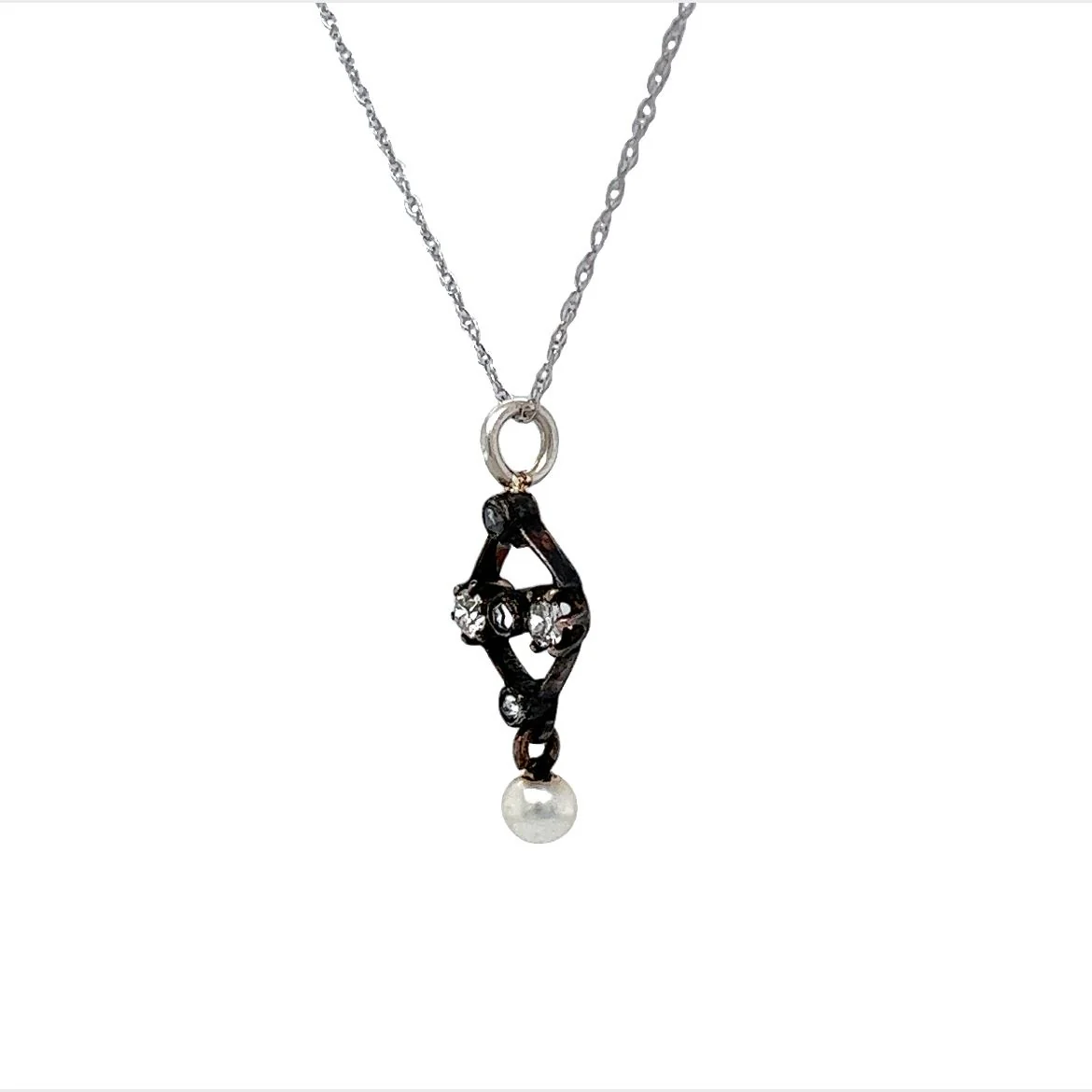 Antique Victorian Diamond & Pearl Pendant Necklace in Silver & 14k - Image 2