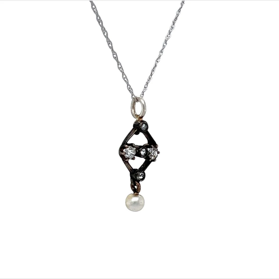 Antique Victorian Diamond & Pearl Pendant Necklace in Silver & 14k - Image 3