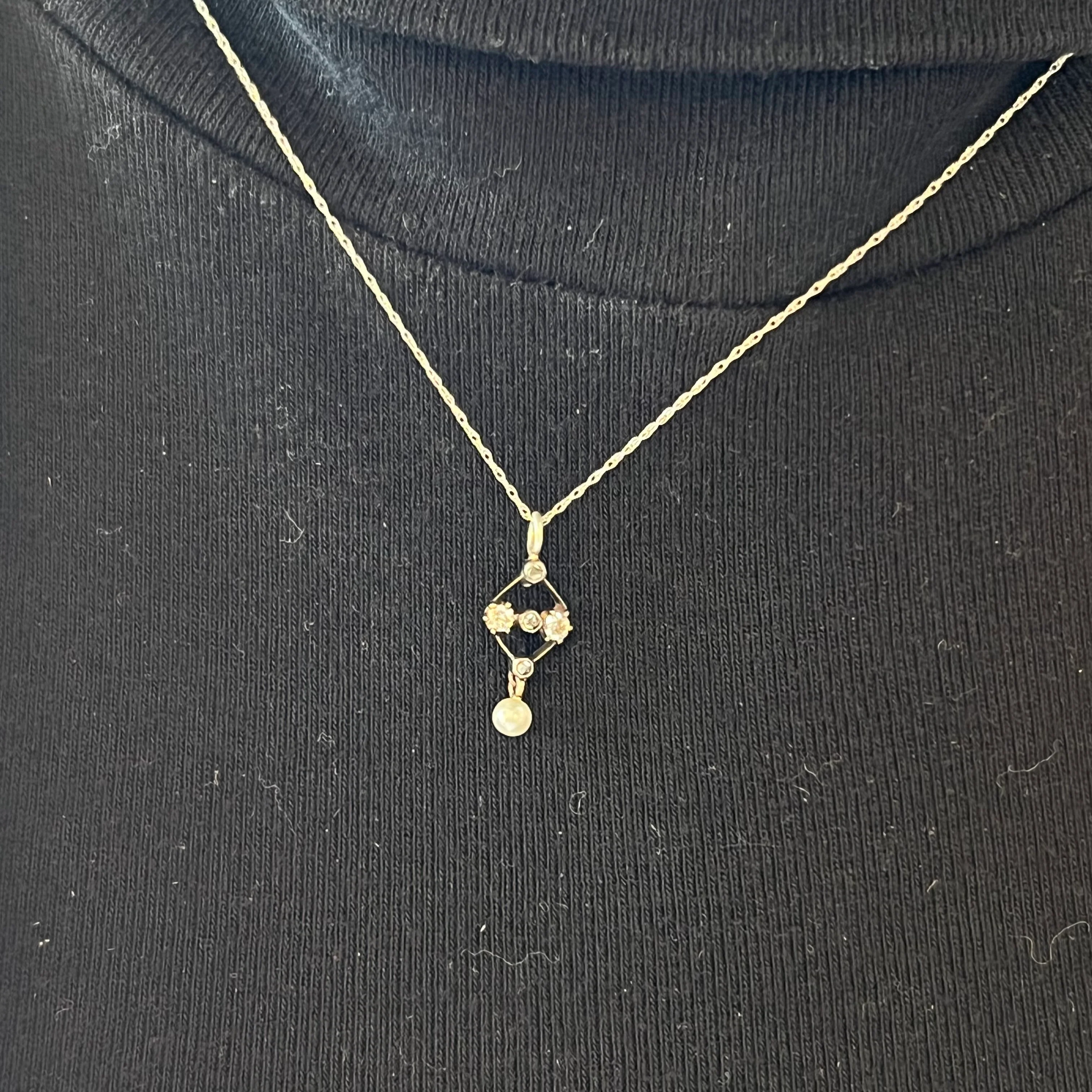 Antique Victorian Diamond & Pearl Pendant Necklace in Silver & 14k - Image 4