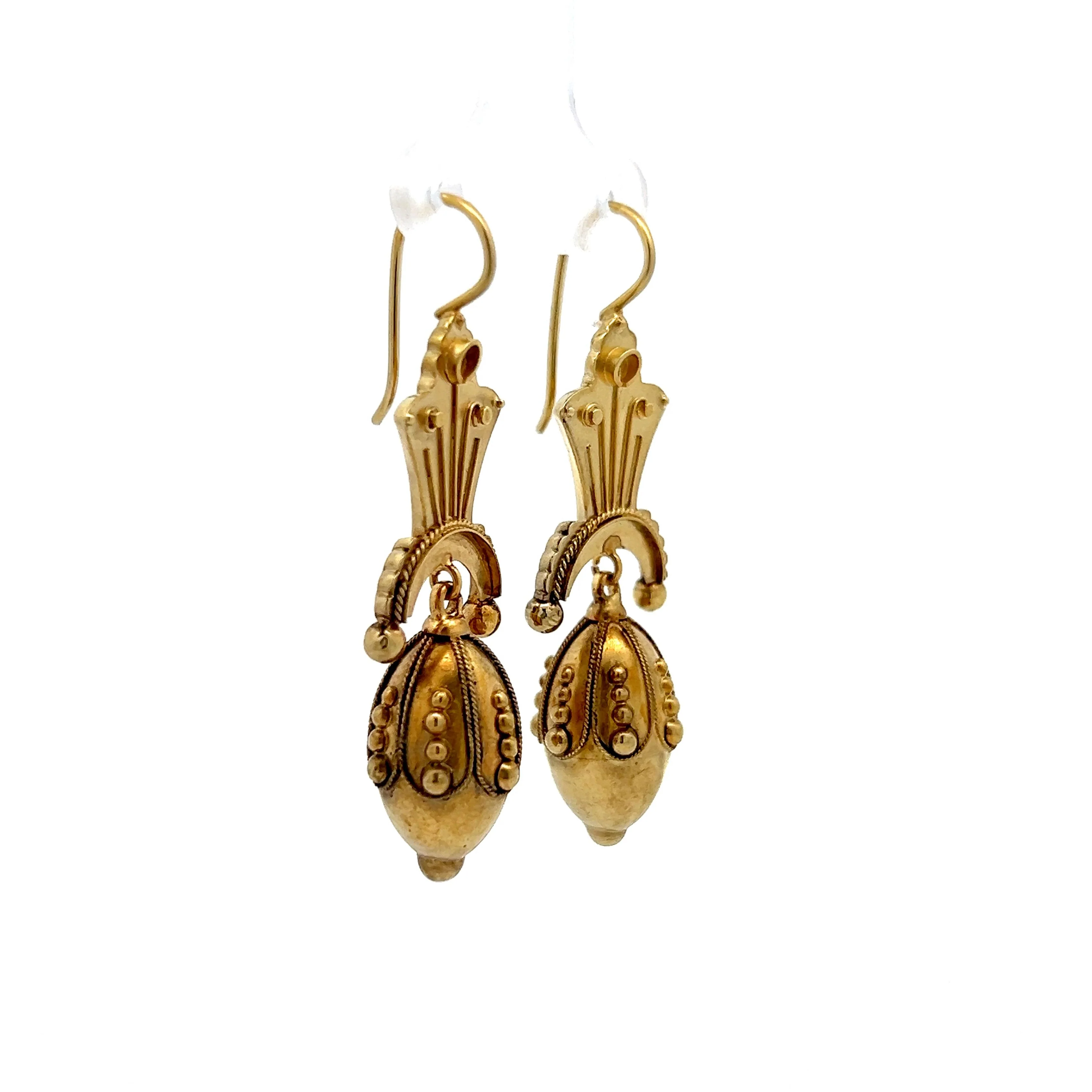 Antique Victorian Hollow Dangle Earrings in 15k Yellow Gold - Image 3