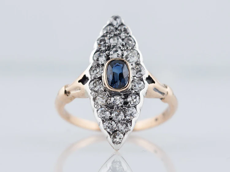 Antique Victorian Navette Ring 1.54cttw Old Mine Cut Diamonds in 18k Yellow Gold & Silver