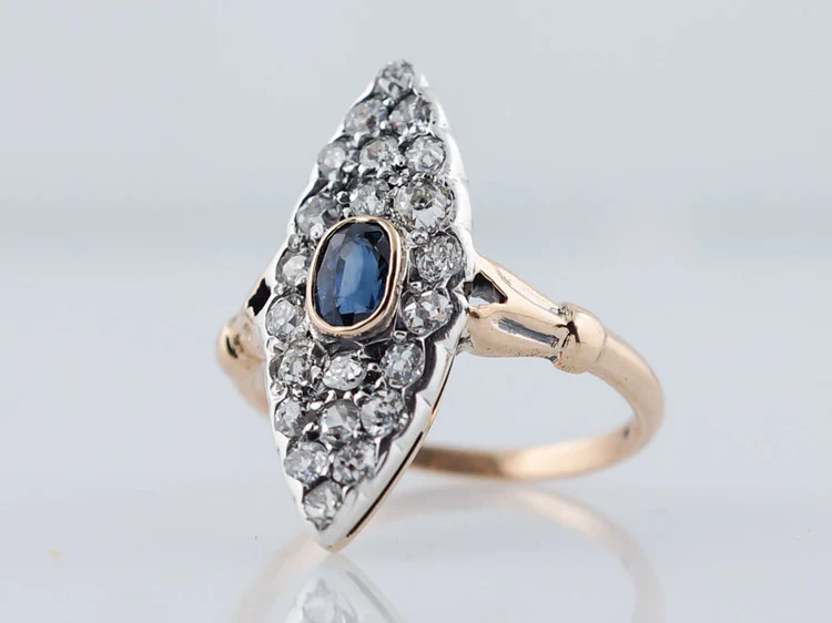 Antique Victorian Navette Ring 1.54cttw Old Mine Cut Diamonds in 18k Yellow Gold & Silver - Image 2
