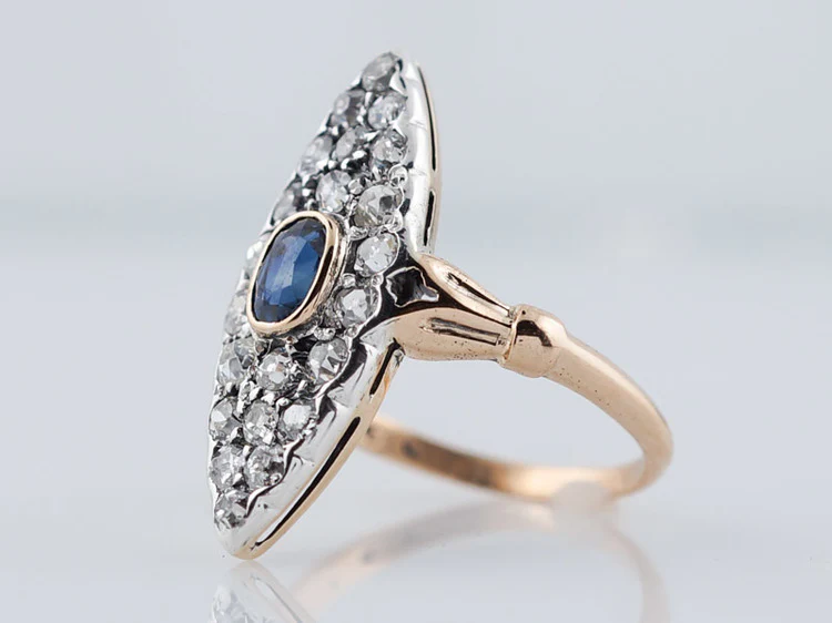 Antique Victorian Navette Ring 1.54cttw Old Mine Cut Diamonds in 18k Yellow Gold & Silver - Image 3