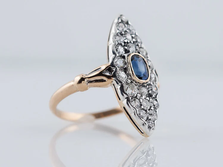 Antique Victorian Navette Ring 1.54cttw Old Mine Cut Diamonds in 18k Yellow Gold & Silver - Image 4