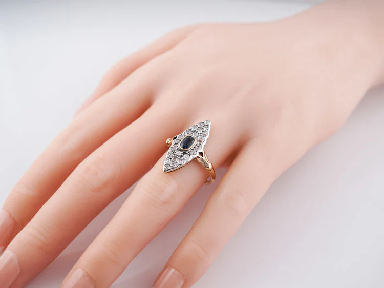 Antique Victorian Navette Ring 1.54cttw Old Mine Cut Diamonds in 18k Yellow Gold & Silver - Image 5