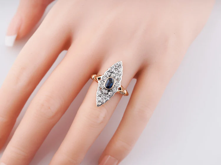 Antique Victorian Navette Ring 1.54cttw Old Mine Cut Diamonds in 18k Yellow Gold & Silver - Image 6