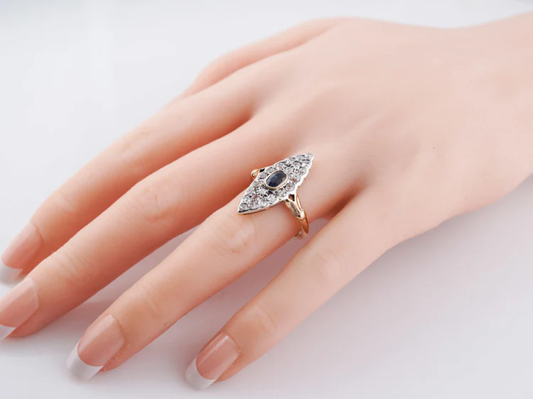 Antique Victorian Navette Ring 1.54cttw Old Mine Cut Diamonds in 18k Yellow Gold & Silver - Image 9
