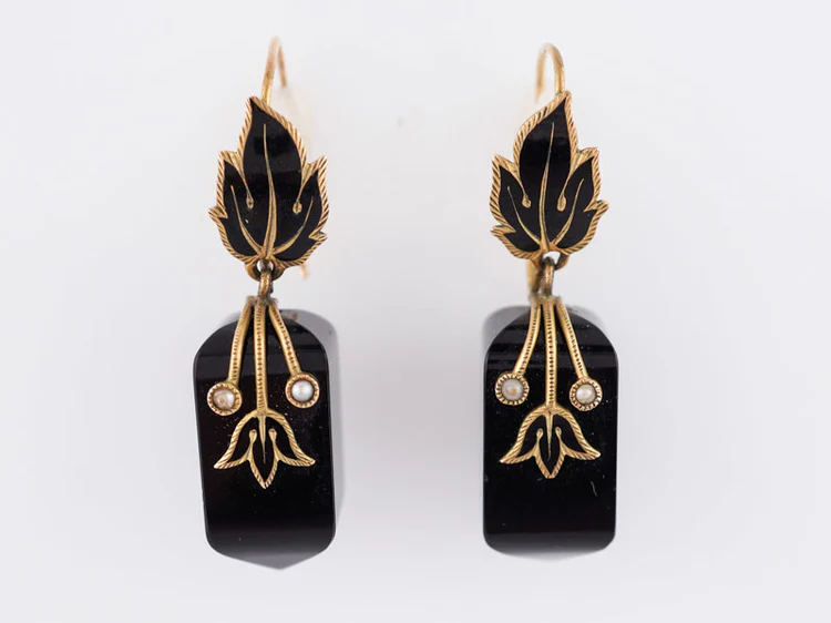 Antique Victorian Onyx and Seed Pearl Mourning Earrings in 14k Yellow Gold