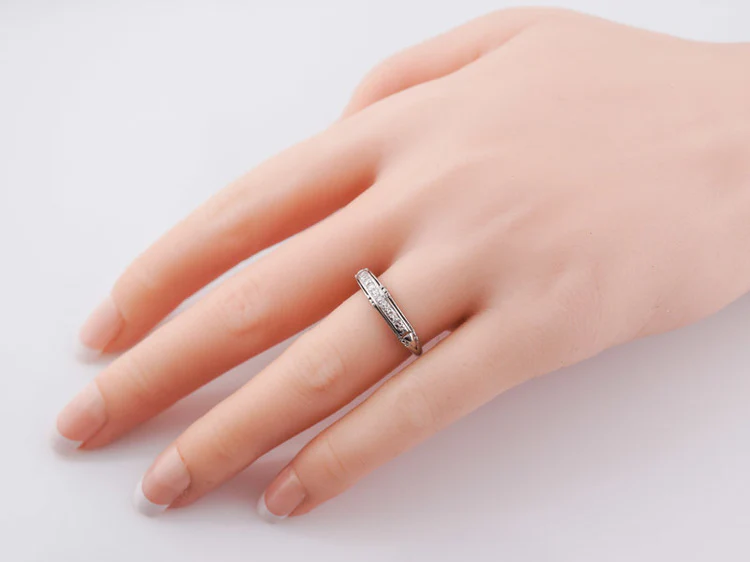 Antique Wedding Band Art Deco .15 cttw Single Cut Diamonds in Vintage Platinum - Image 9