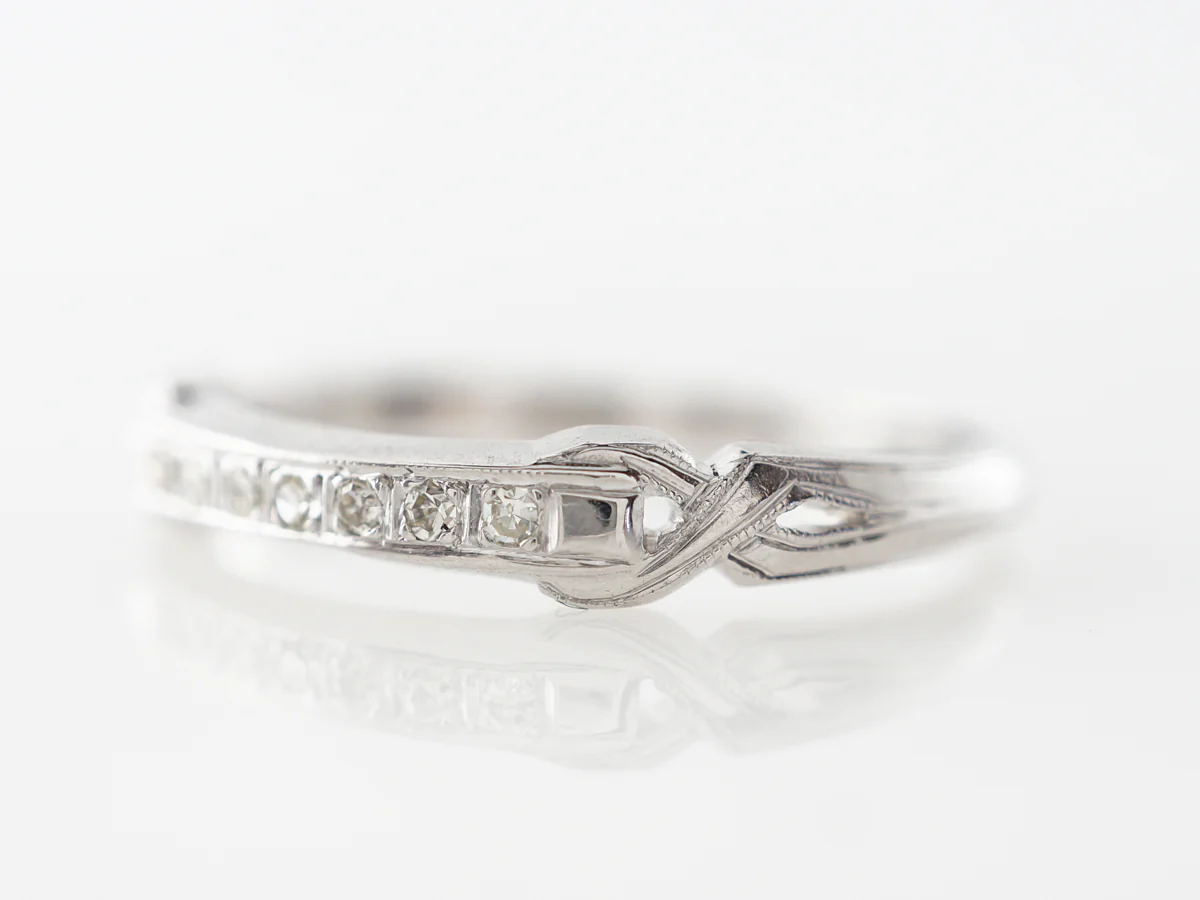 Antique Wedding Band w/ Diamonds & Engraving in White Gold - Image 2