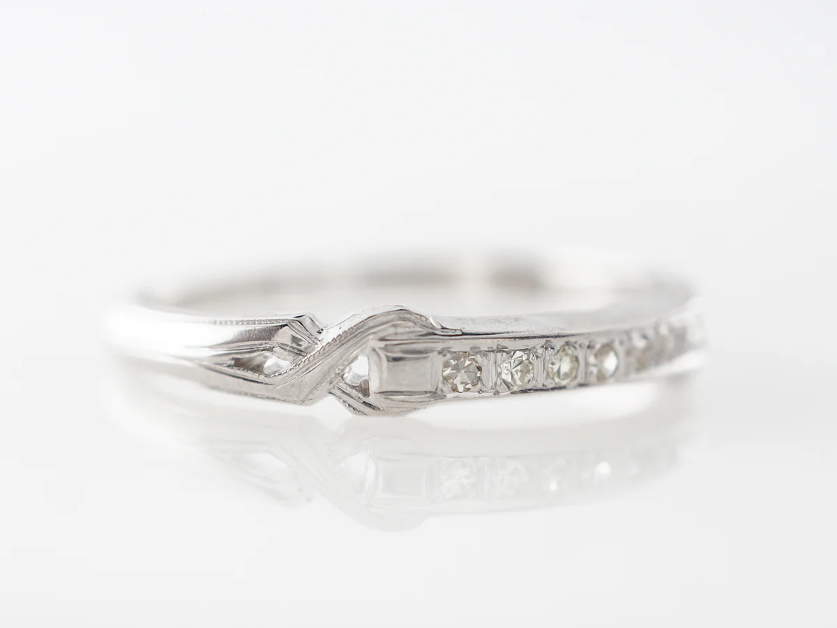 Antique Wedding Band w/ Diamonds & Engraving in White Gold - Image 3