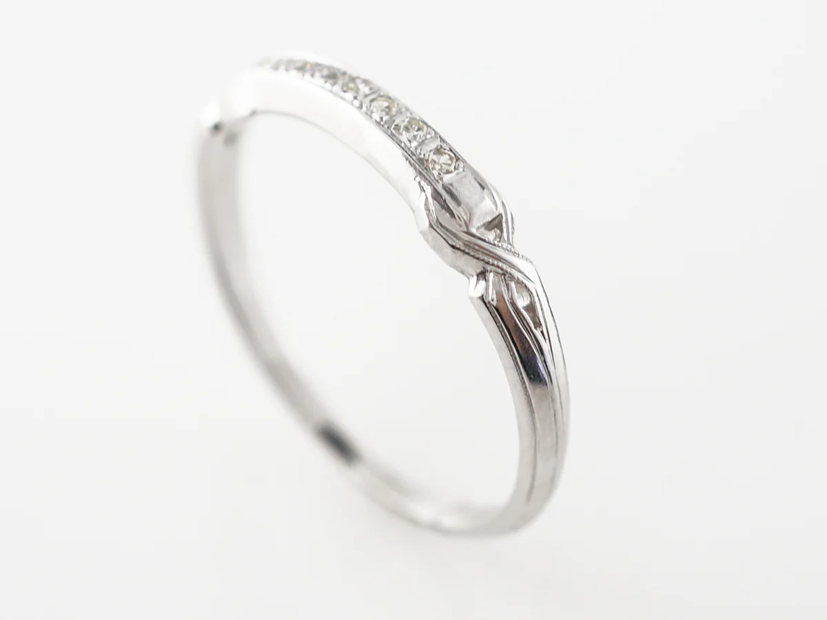 Antique Wedding Band w/ Diamonds & Engraving in White Gold - Image 5