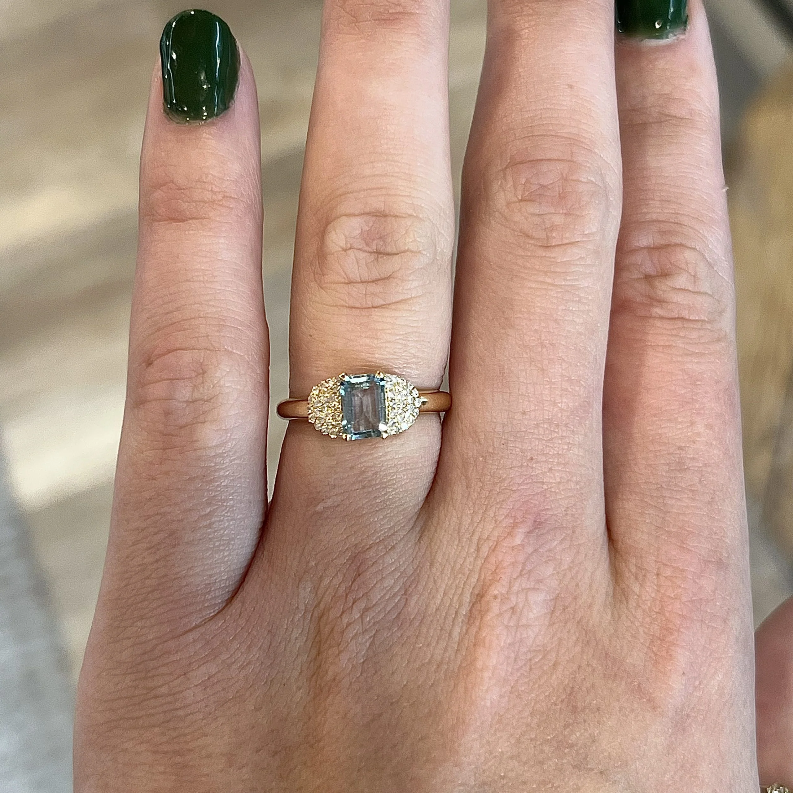 Aquamarine & Pave Diamond Half Moon Ring in 18k Yellow Gold - Image 6
