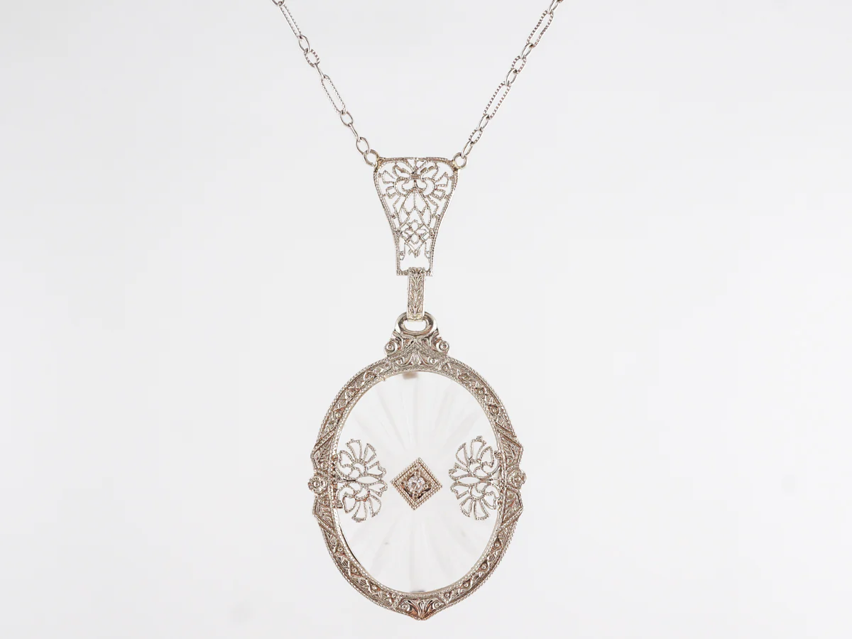 Art Deco Camphor Filigree Necklace w/ Single Cut Diamond