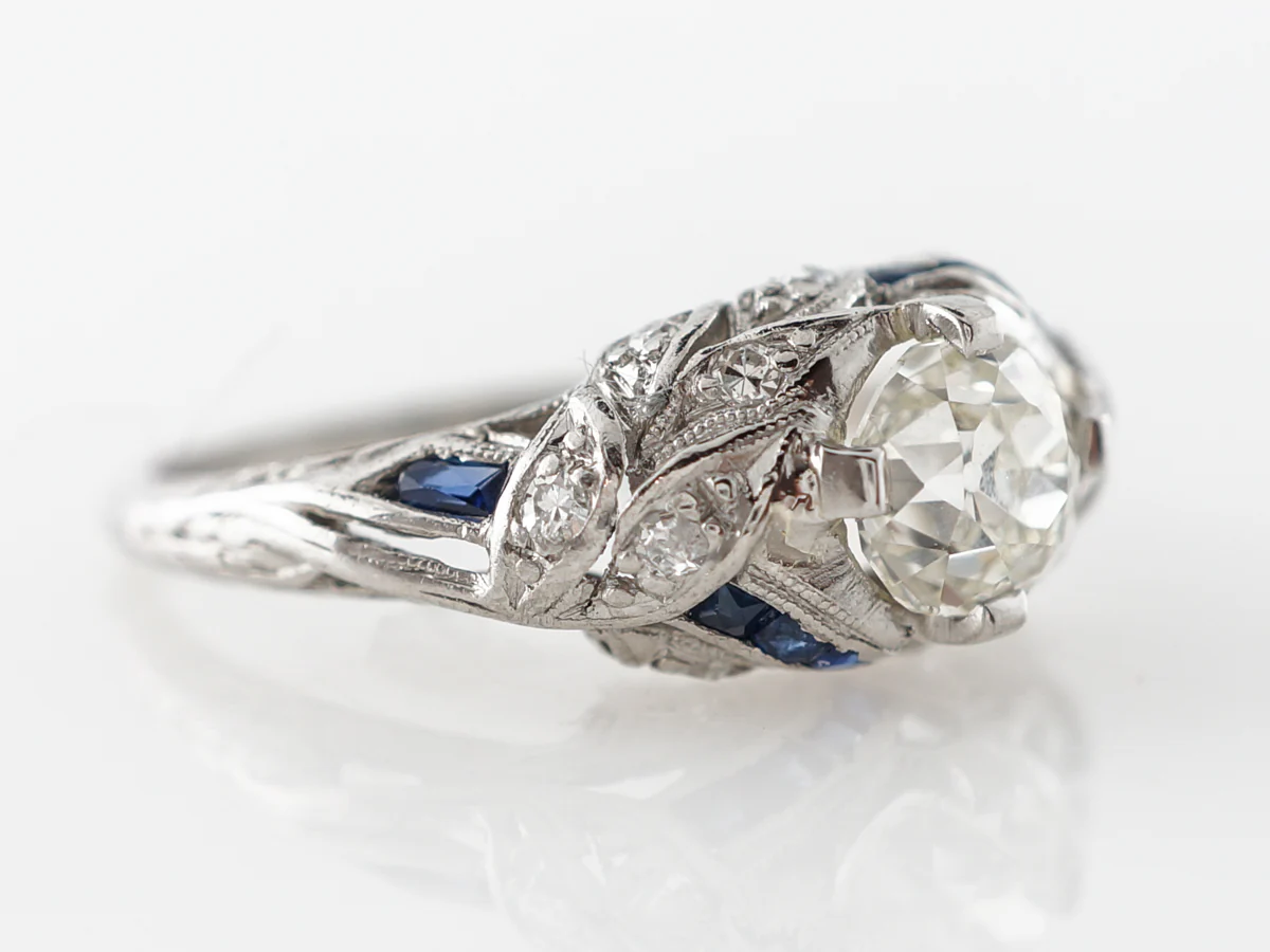 Art Deco Cushion Cut Diamond Engagement Ring w/ Sapphire Accents - Image 3