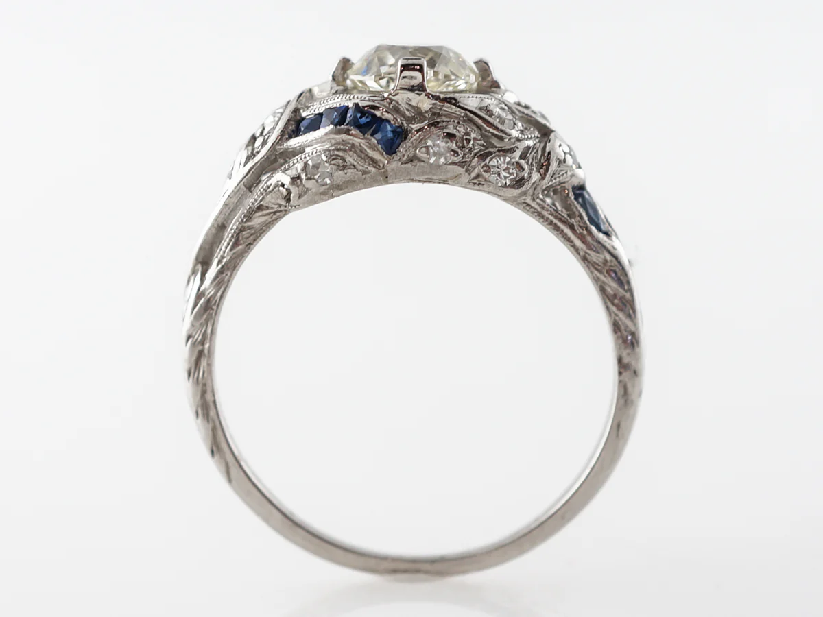 Art Deco Cushion Cut Diamond Engagement Ring w/ Sapphire Accents - Image 4