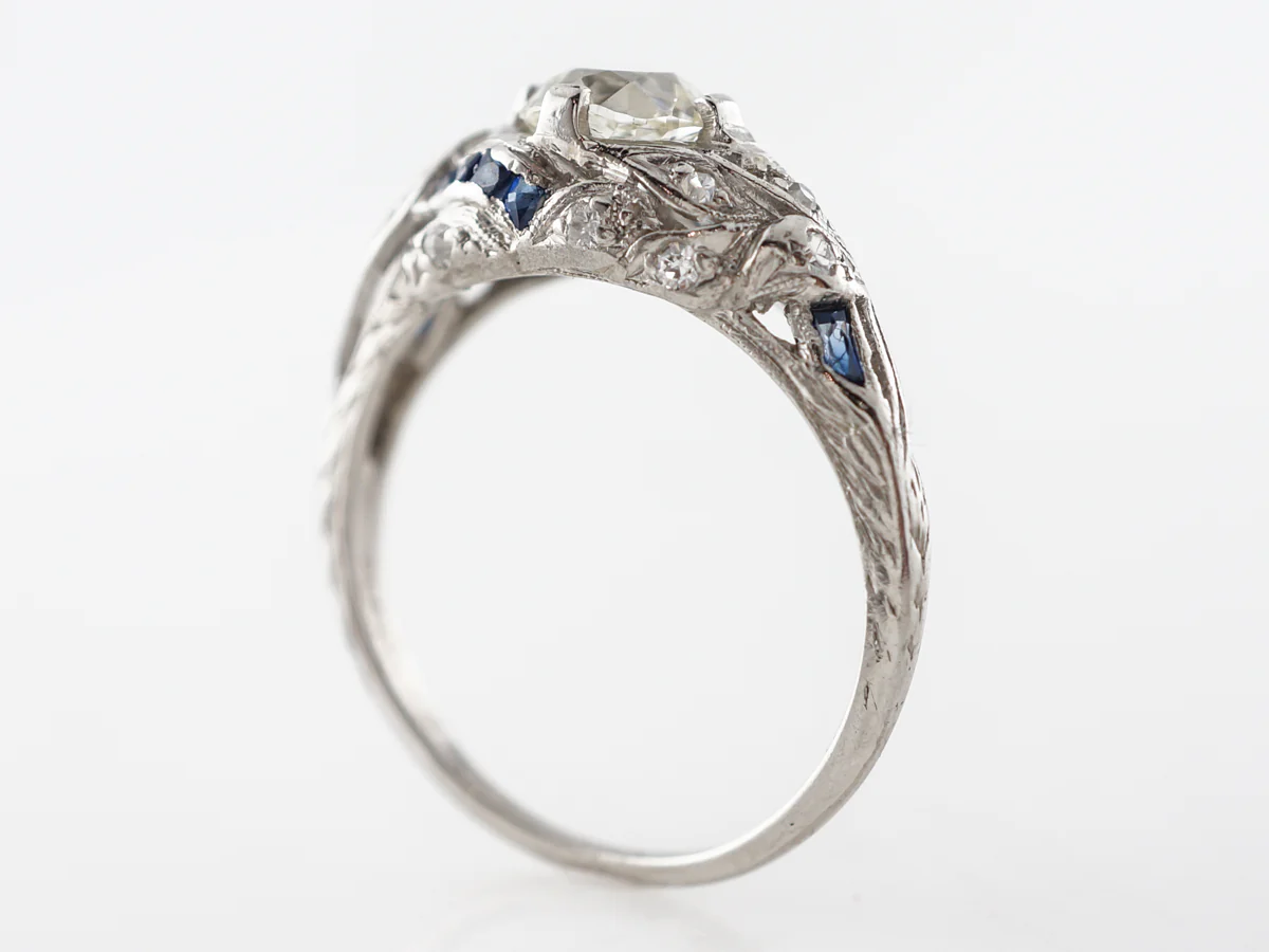 Art Deco Cushion Cut Diamond Engagement Ring w/ Sapphire Accents - Image 5