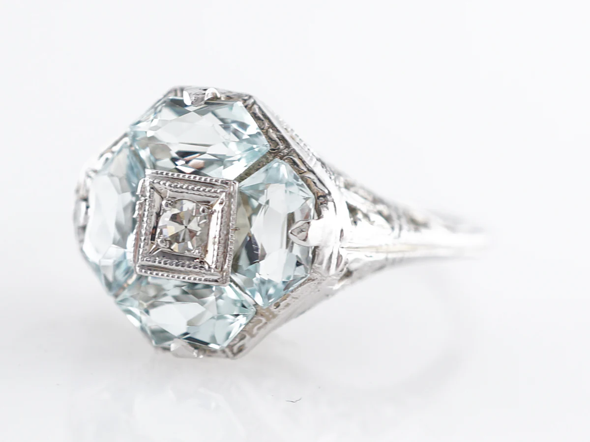 Art Deco Diamond & Aquamarine Cocktail Ring in 18k - Image 2