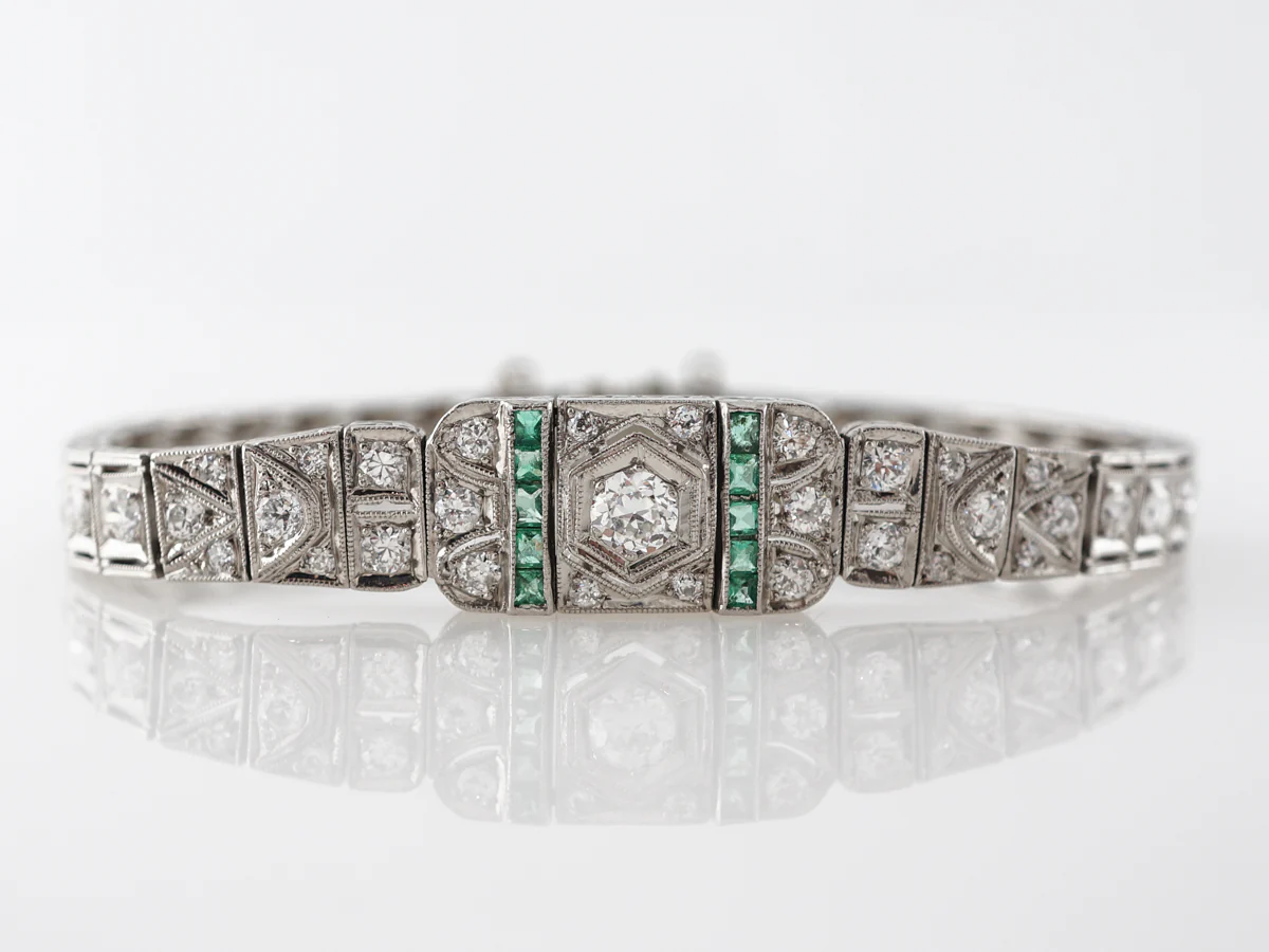 Art Deco Diamond Bracelet w/ Emerald Accents in Platinum