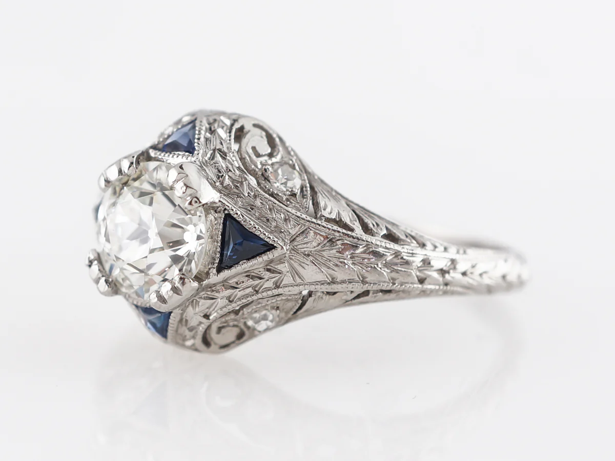 Art Deco Diamond Engagement Ring in Platinum w/ Sapphire Accents - Image 2