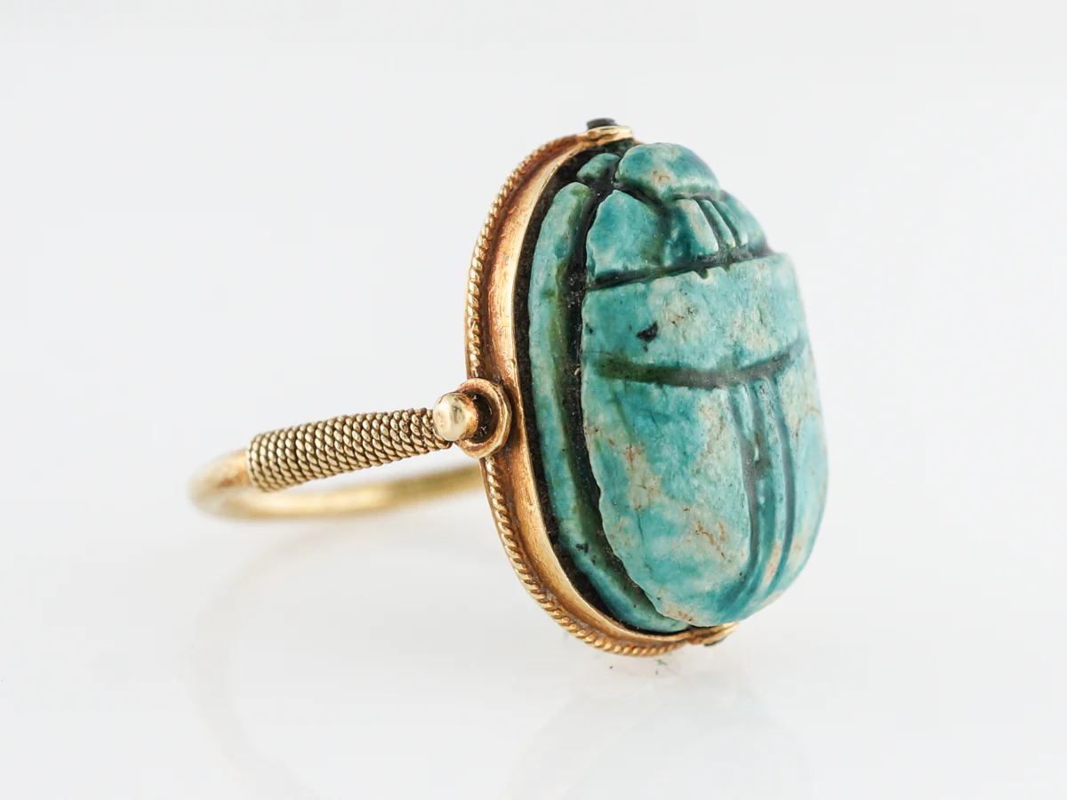 Art Deco Faience Cabochon Scarab in 14k Yellow Gold - Image 3