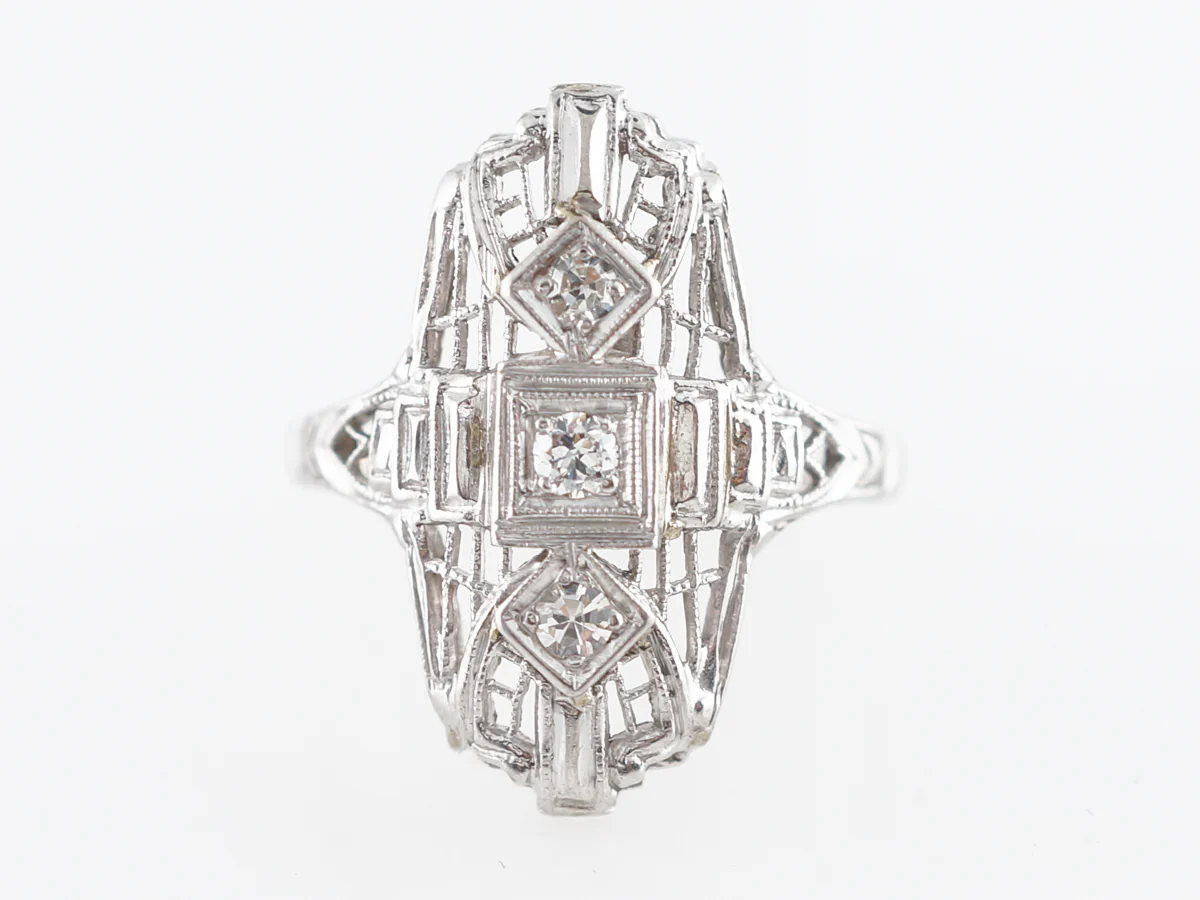 Art Deco Filigree Cocktail Ring w/ Diamonds 14k White Gold