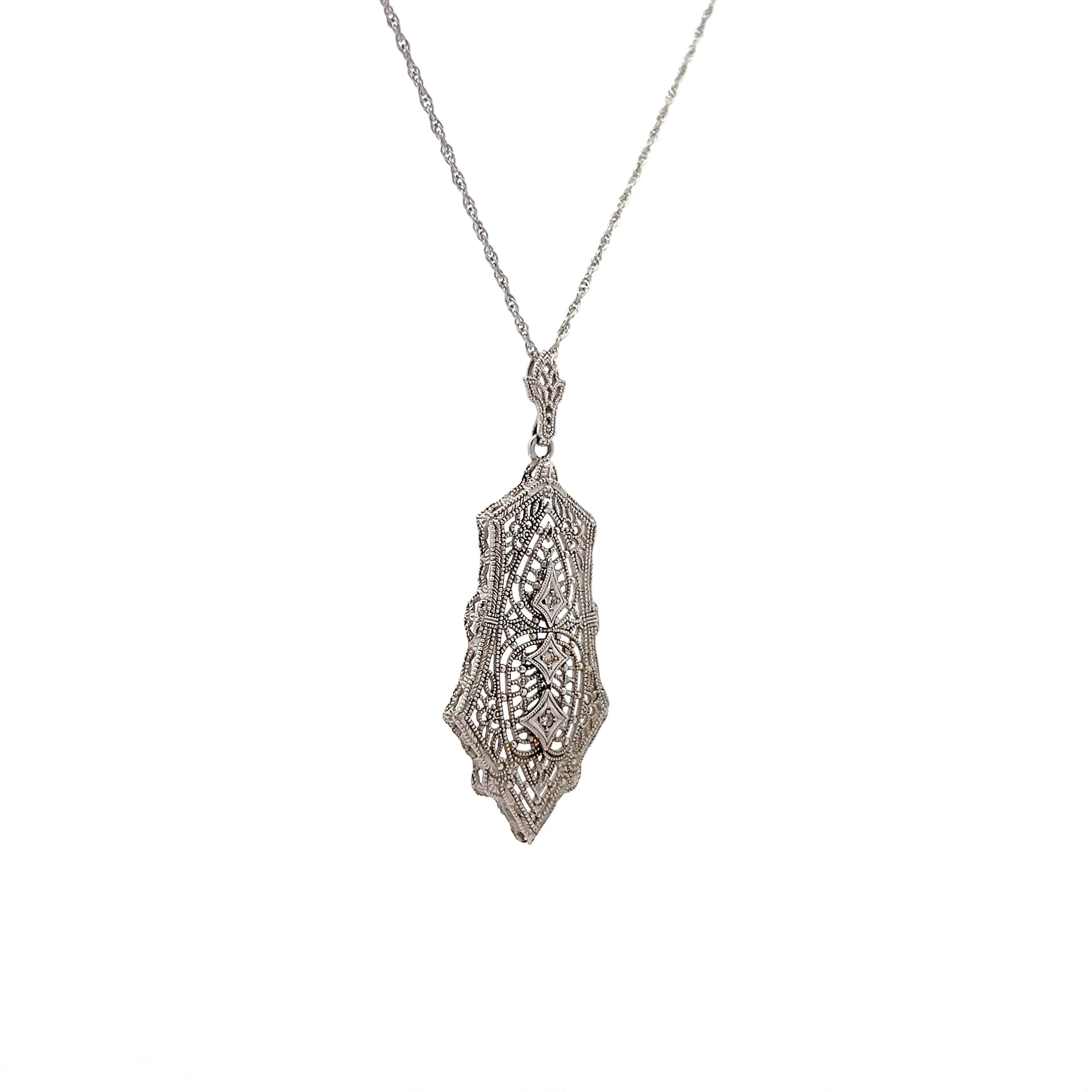 Art Deco Filigree Diamond Pendant in 14k White Gold - Image 3