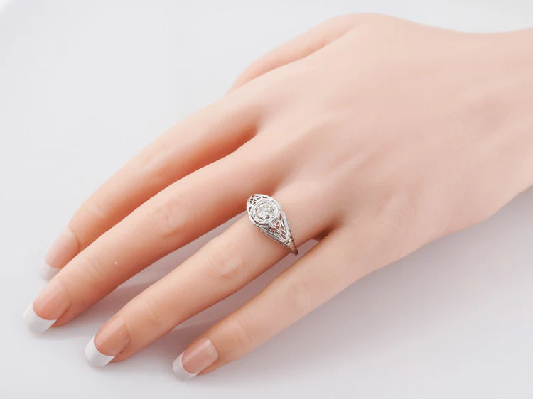 Art Deco Filigree Old Euro Diamond Engagement Ring in 18K - Image 10