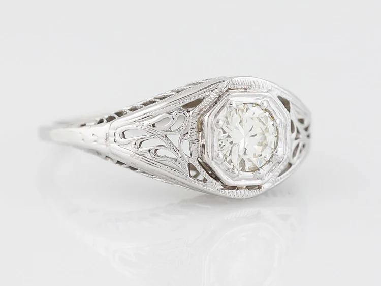 Art Deco Filigree Old Euro Diamond Engagement Ring in 18K - Image 2