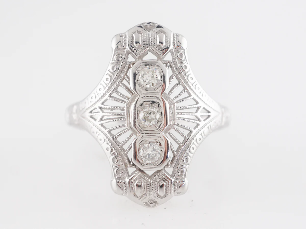 Art Deco Filigree Three Stone Diamond Ring in 18K