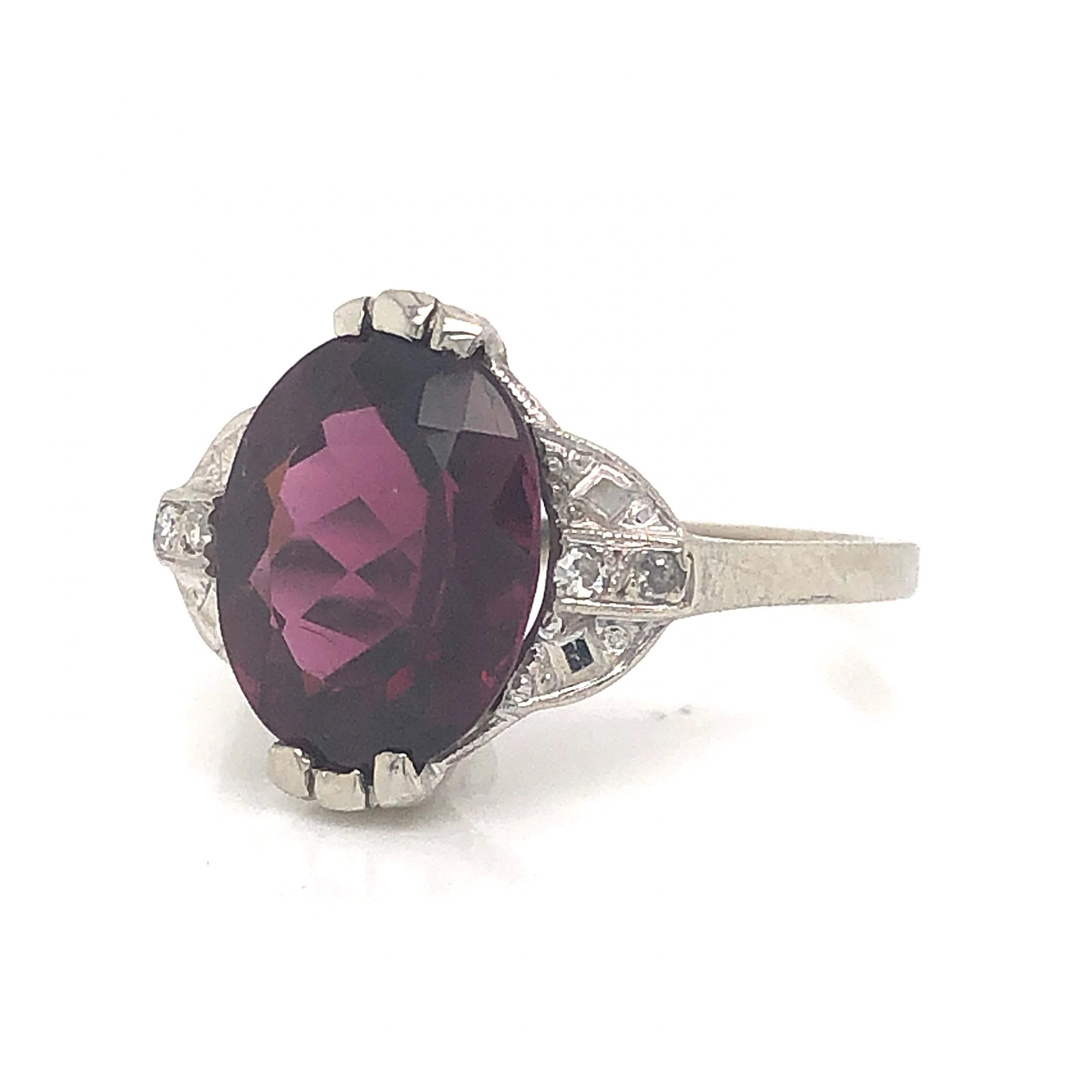 Art Deco Garnet Cocktail Ring w/ Diamonds in 14k White Gold - Image 2