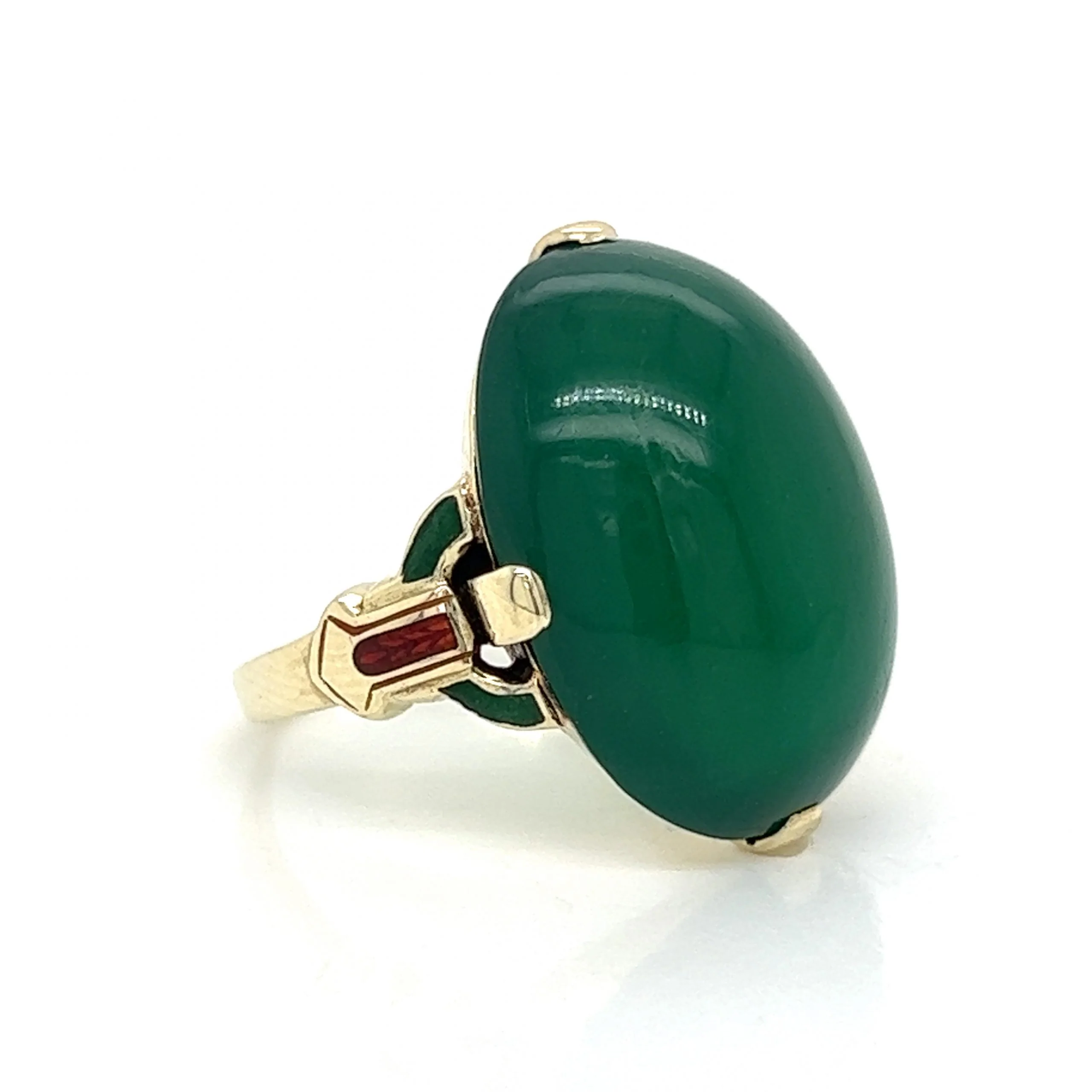 Art Deco Green Onyx & Enamel Ring in 14k Yellow Gold - Image 2