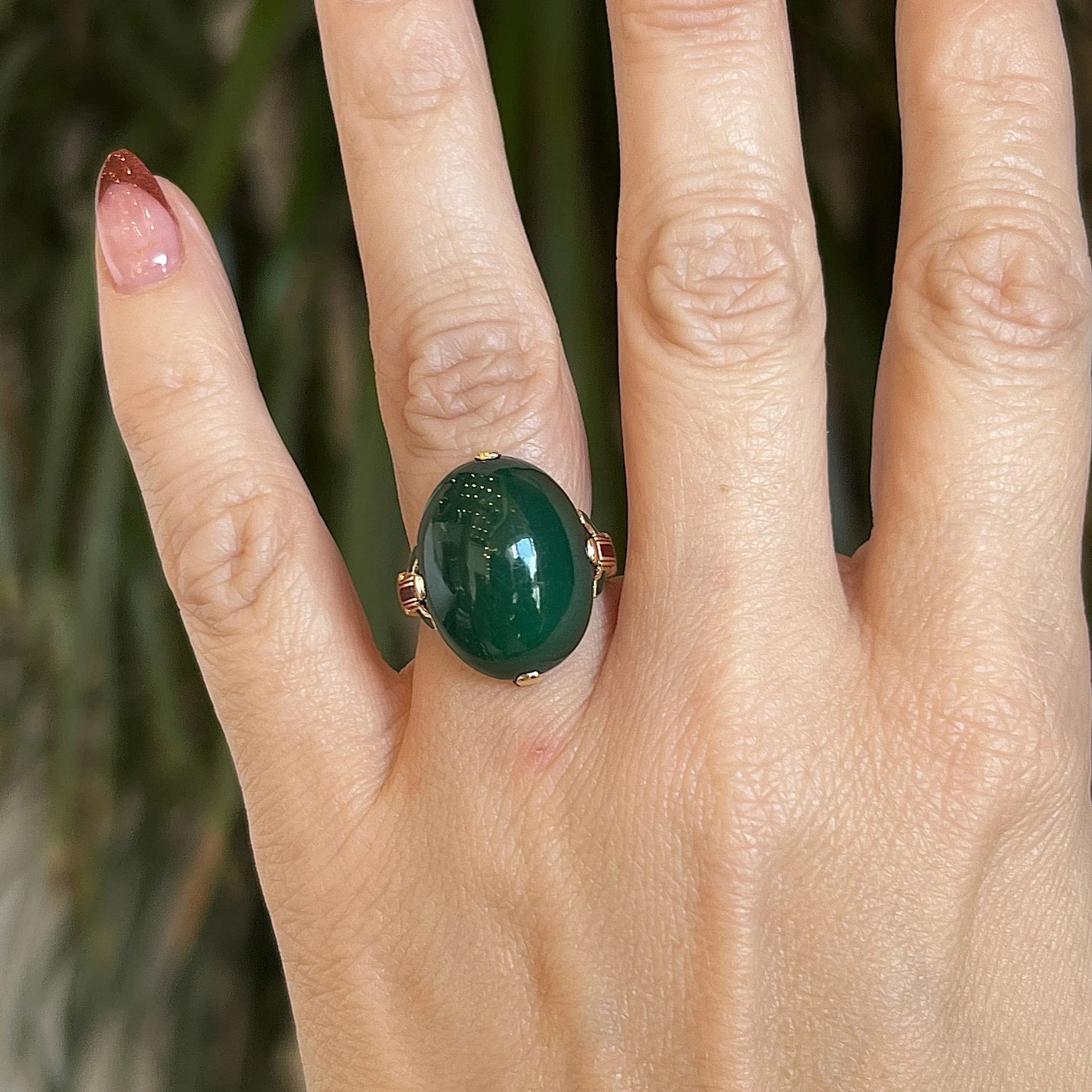 Art Deco Green Onyx & Enamel Ring in 14k Yellow Gold - Image 6