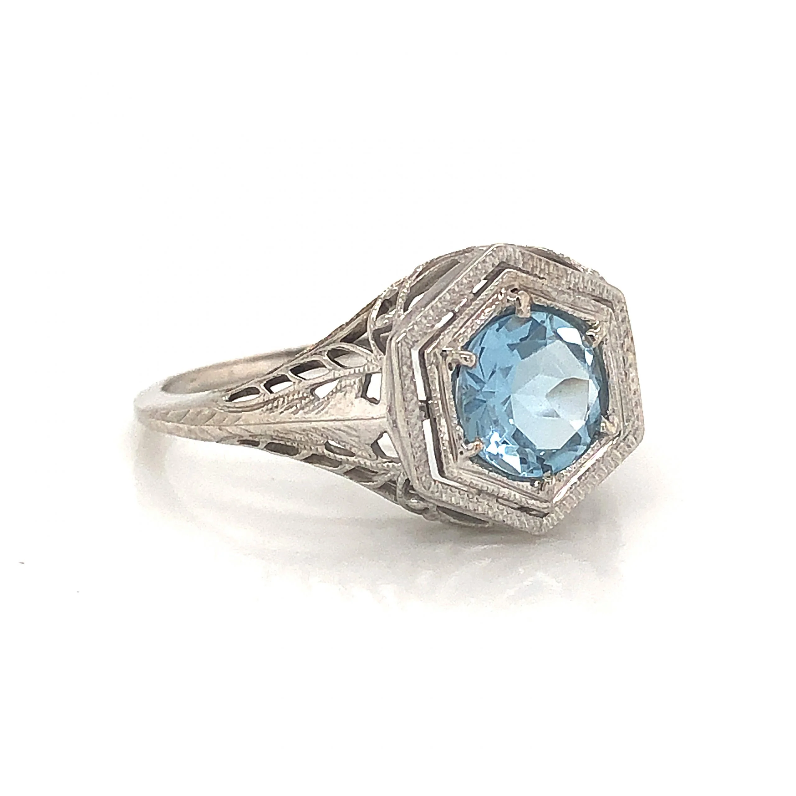 Art Deco Hexagonal Aquamarine Ring in 18K White Gold - Image 3