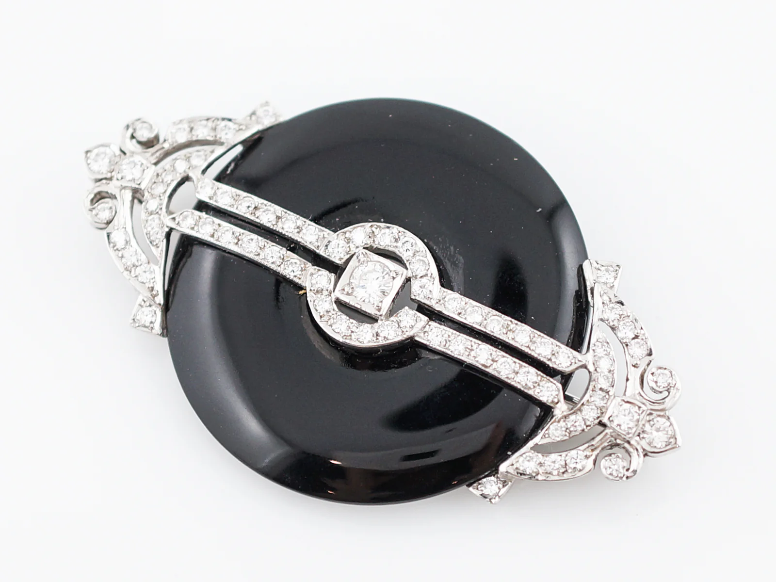 ***RTV***Art Deco Inspired Brooch Modern Onyx & Diamond in 18k White Gold - Image 3