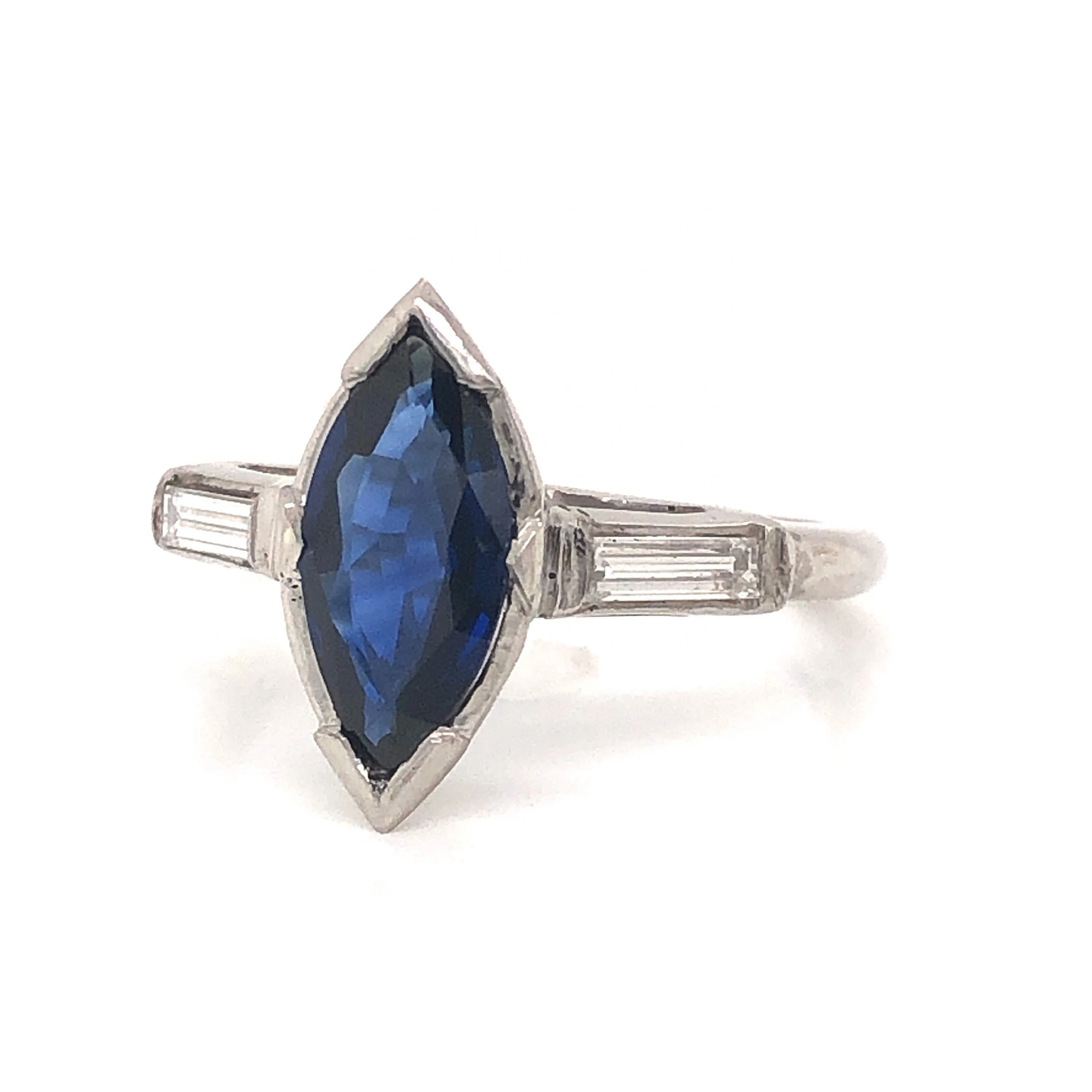 Art Deco Marquise Sapphire Engagement Ring in Platinum - Image 2