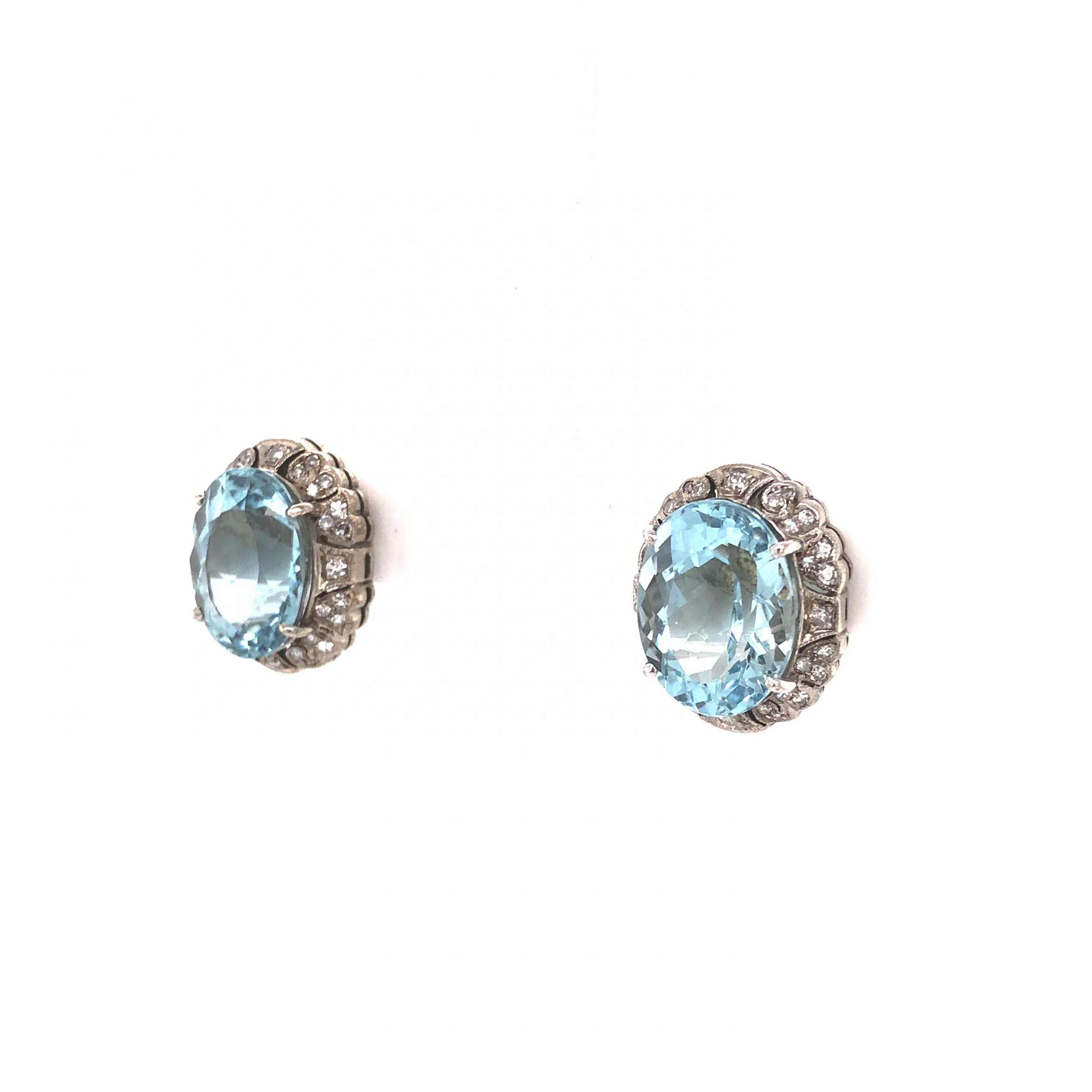 Art Deco Oval Cut Aquamarine & Diamond Earrings in 14k White Gold - Image 2