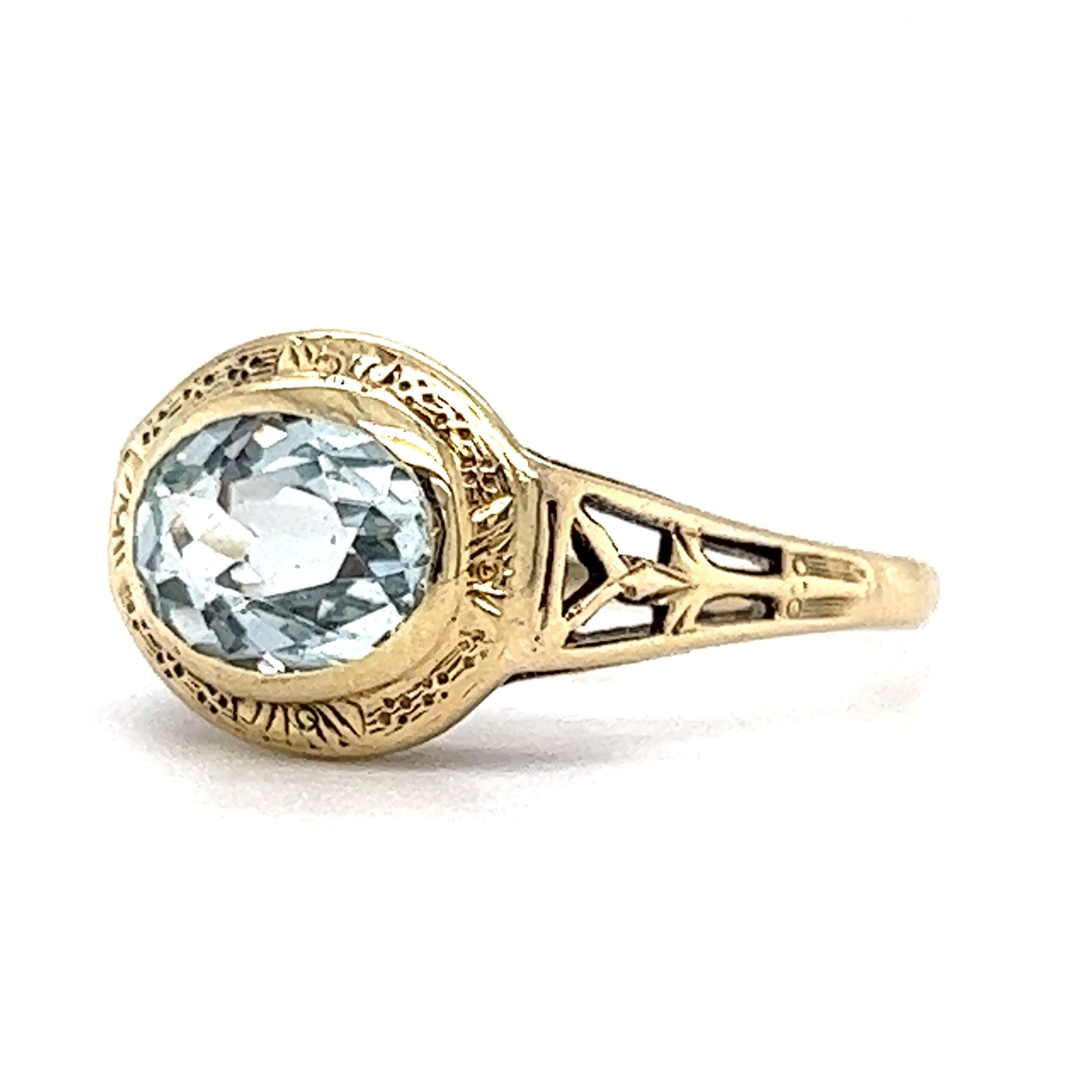 Art Deco Oval Cut Aquamarine Ring in 14k Yellow Gold - Image 2