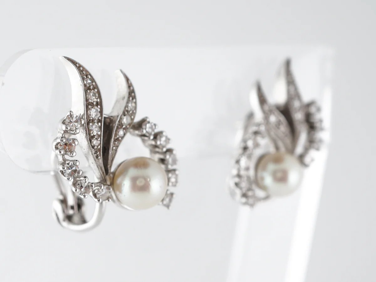 Art Deco Pearl Earrings w/ Diamonds in 14k White Gold - Image 3