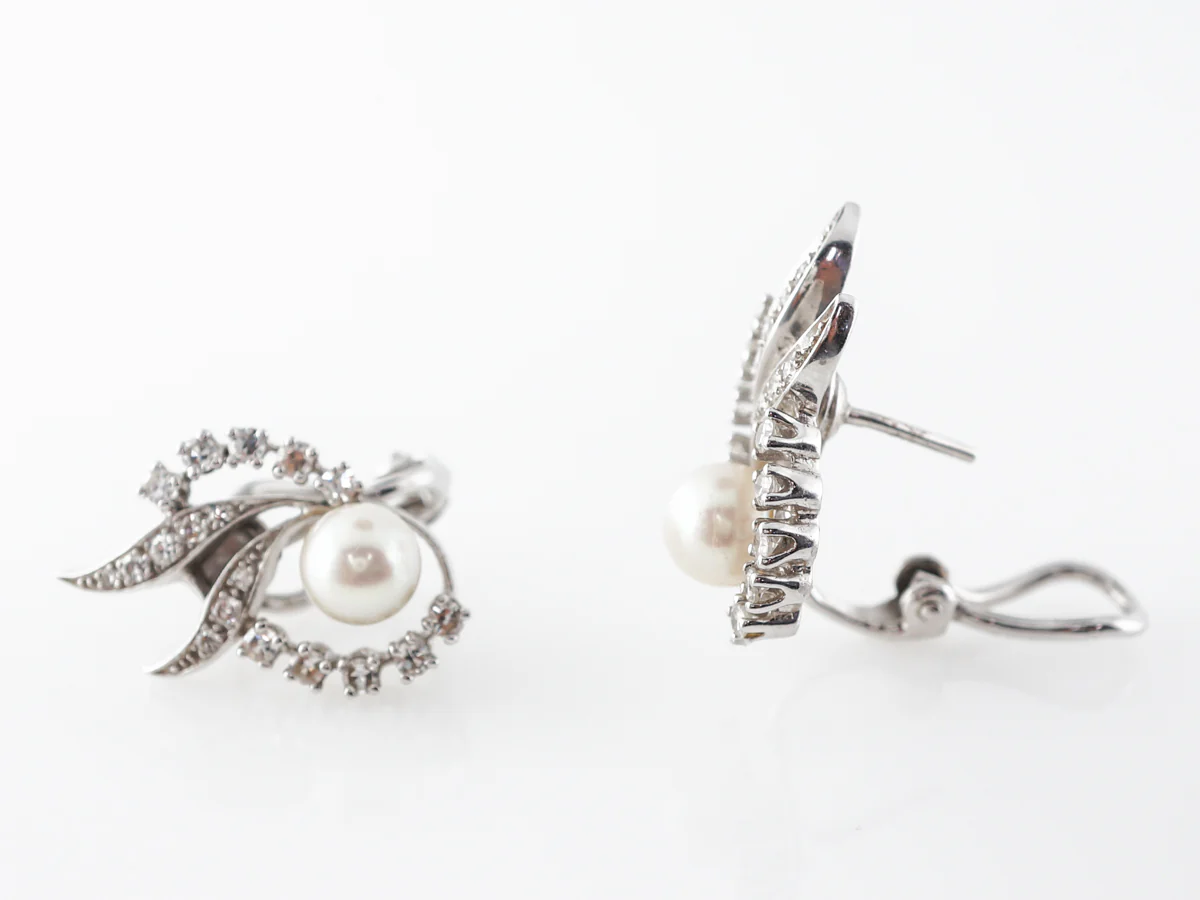 Art Deco Pearl Earrings w/ Diamonds in 14k White Gold - Image 4