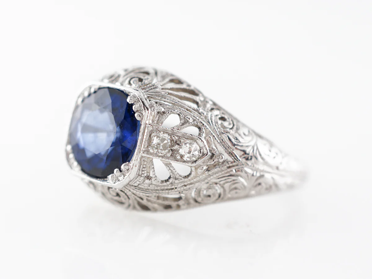 Art Deco Sapphire & Diamond Engagement Ring in Platinum - Image 2