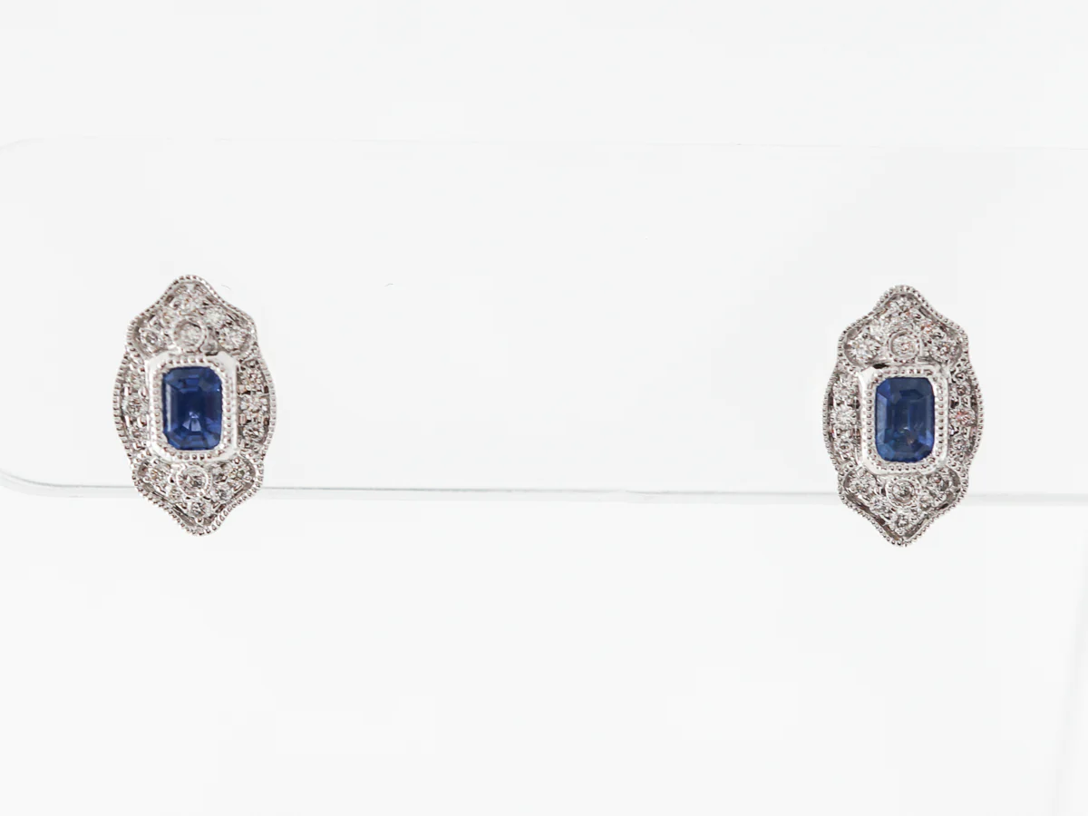Art Deco Style Stud Earrings w/ Sapphire & Diamonds
