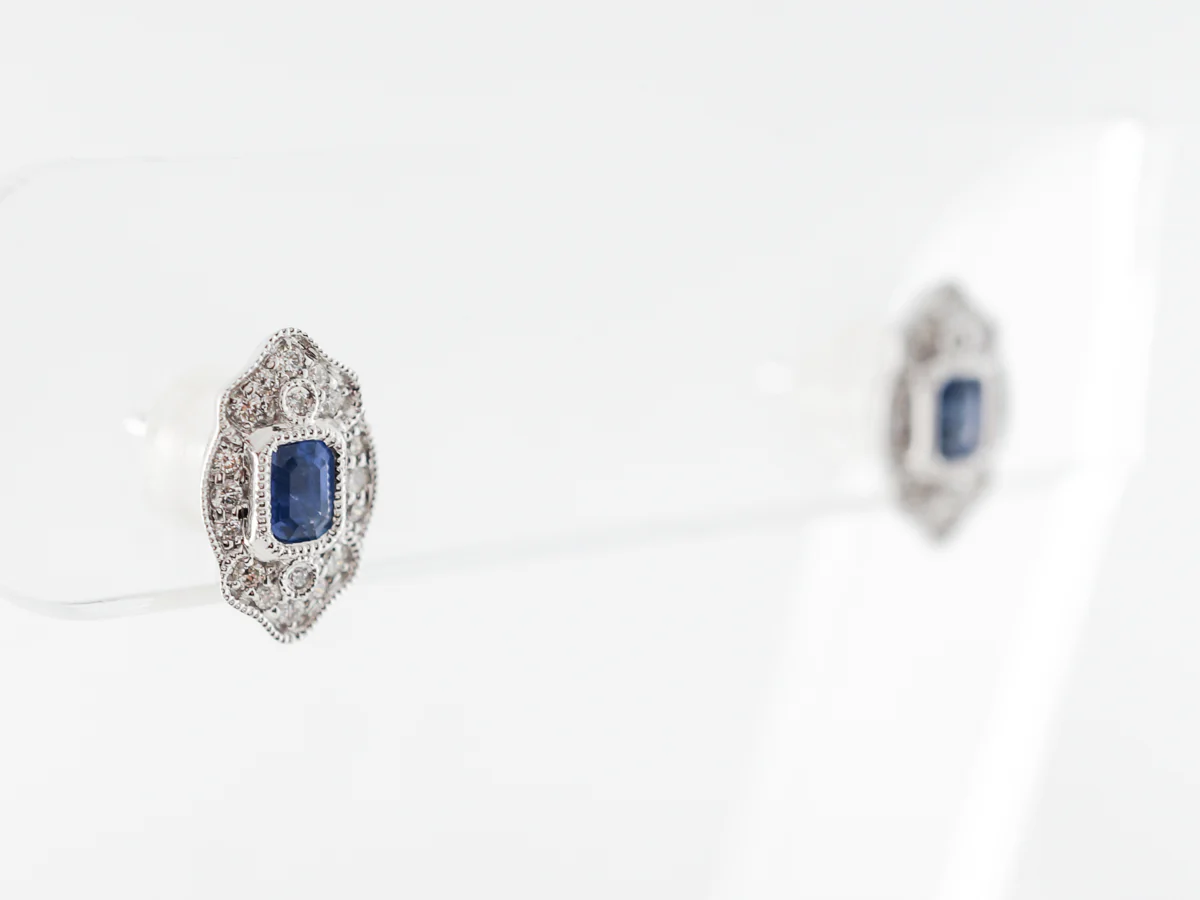 Art Deco Style Stud Earrings w/ Sapphire & Diamonds - Image 2