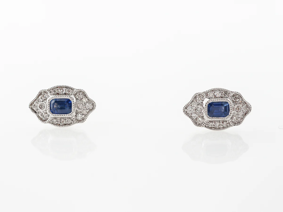 Art Deco Style Stud Earrings w/ Sapphire & Diamonds - Image 3