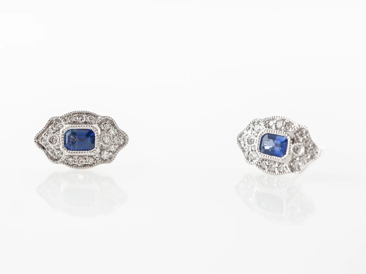 Art Deco Style Stud Earrings w/ Sapphire & Diamonds - Image 4