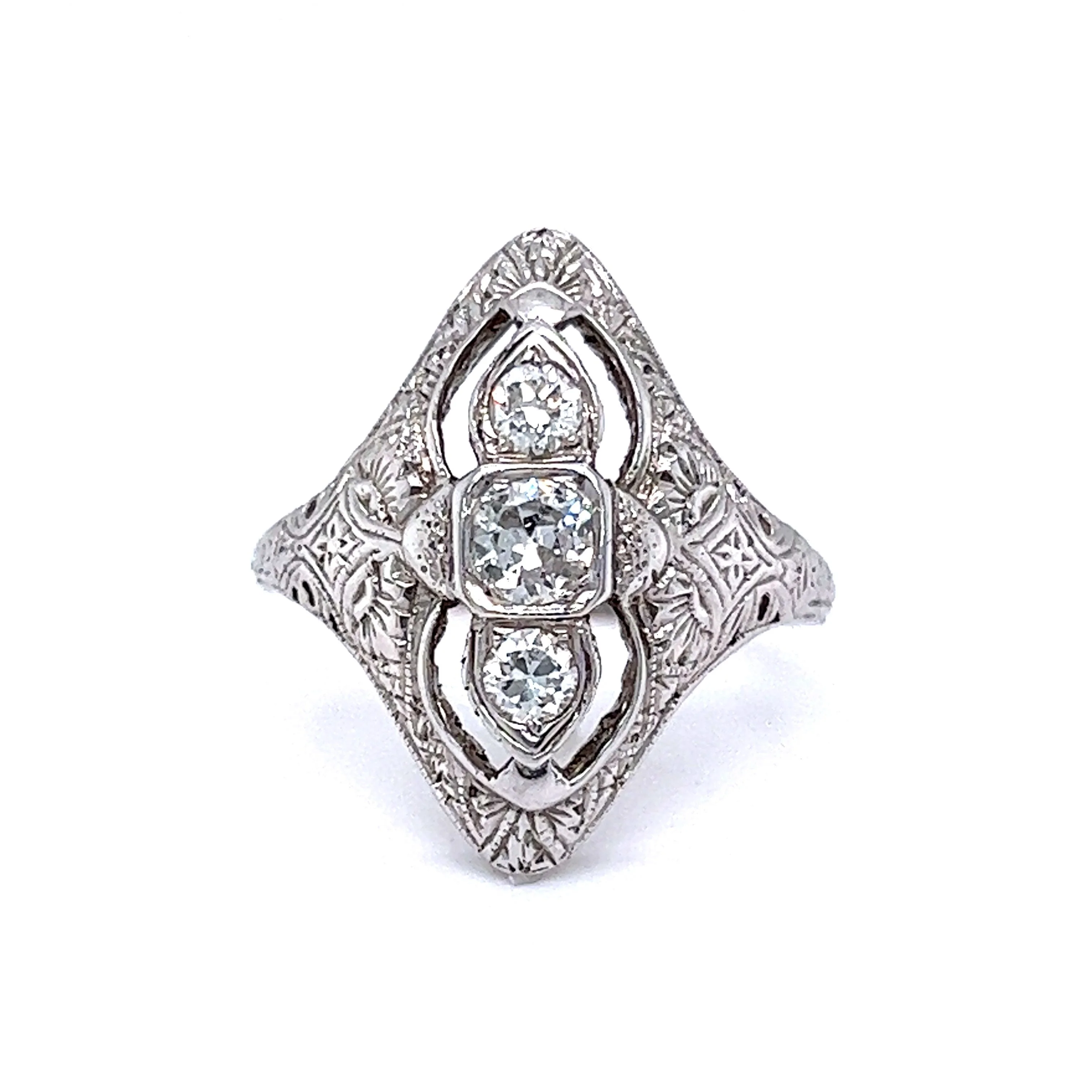 Art Deco Three Stone Diamond Ring in 18k White Gold