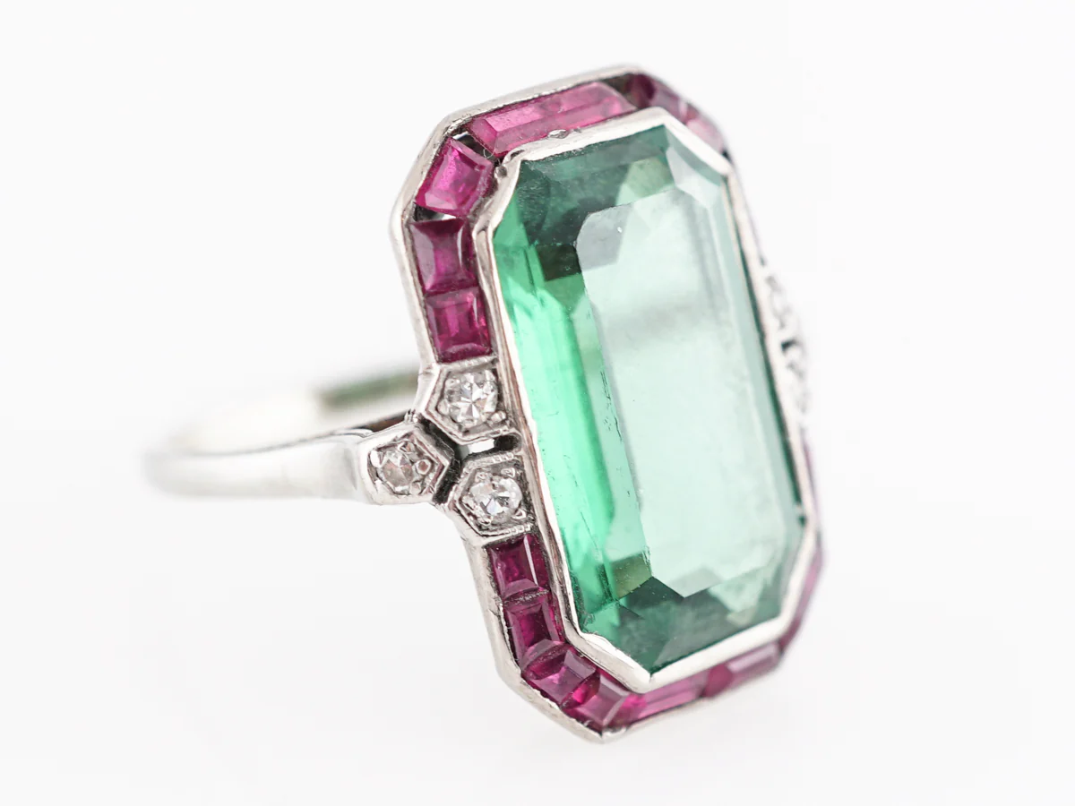 Art Deco Tourmaline Cocktail Ring with Ruby and Diamonds - Image 3
